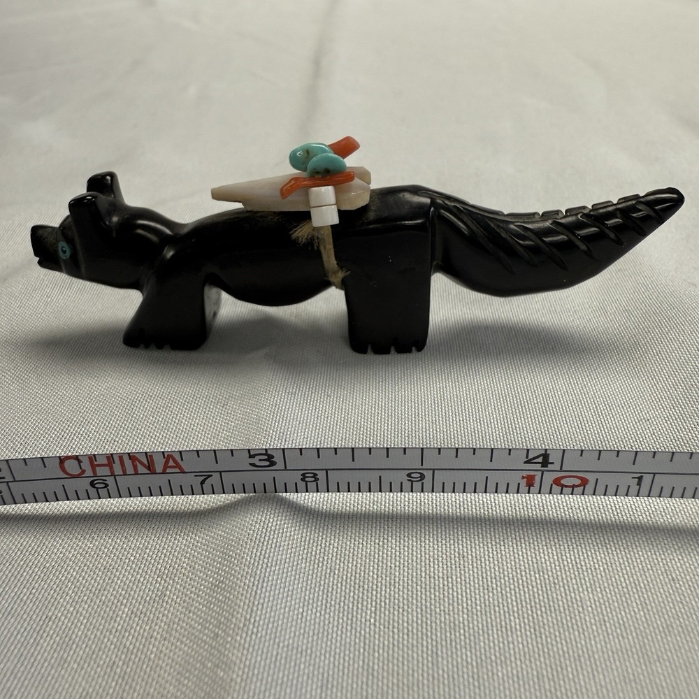 Navajo Fetish Fox Wolf With Bundle Turquoise Stone Hand Carved